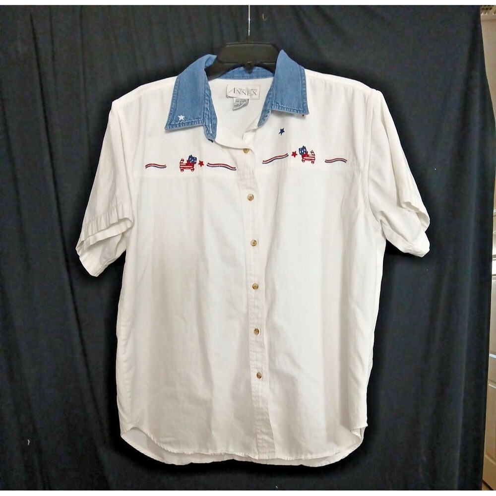 Casual Corner Vtg Americana Shirt White Jean Collar Short Sleeve Embroidered Lg